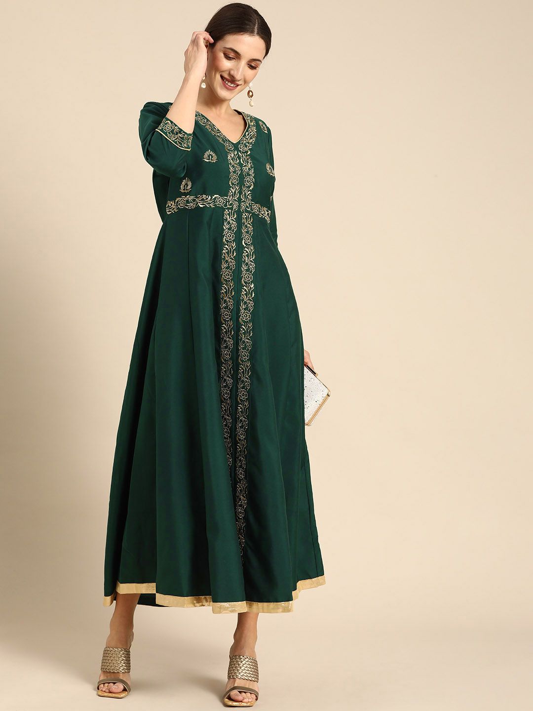 all about you Green Ethnic Motifs Embroidered Ethnic Maxi Dress Price in India