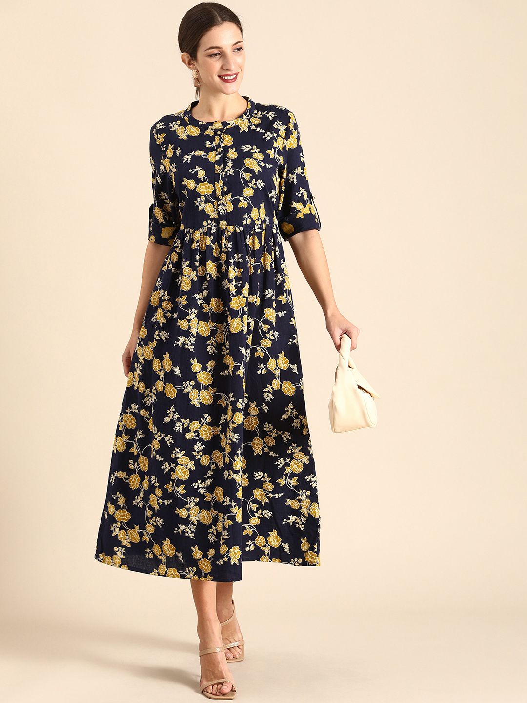 all about you Navy Blue & Yellow Floral Pure Cotton Midi Dress Price in India