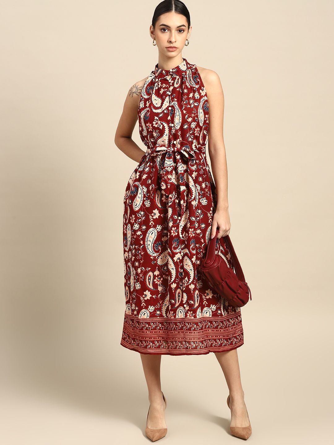 all about you Maroon & Beige Ethnic Motifs Halter Neck A-Line Maxi Dress Price in India