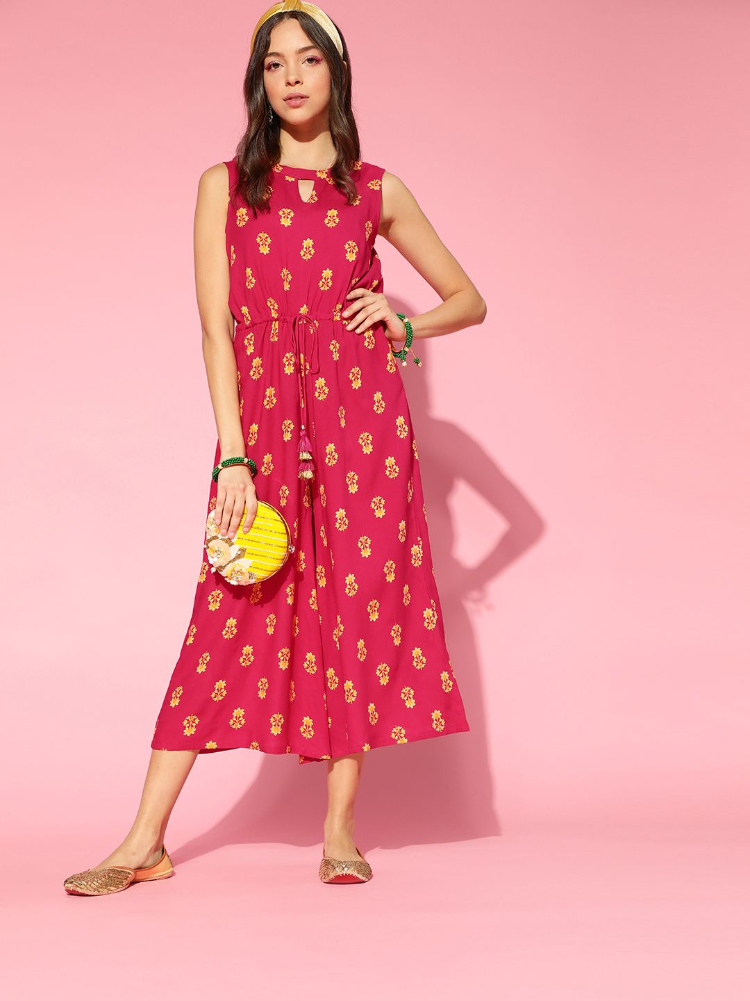all about you Pink & Yellow Printed Flared Basic Jumpsuit Price in India