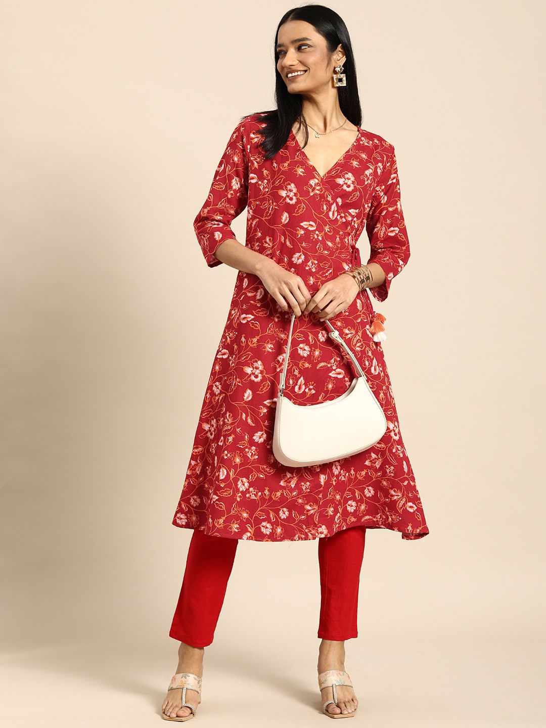 all about you Women Red Floral Printed Pure Cotton V Neck Angrakha Kurta with Trousers Price in India