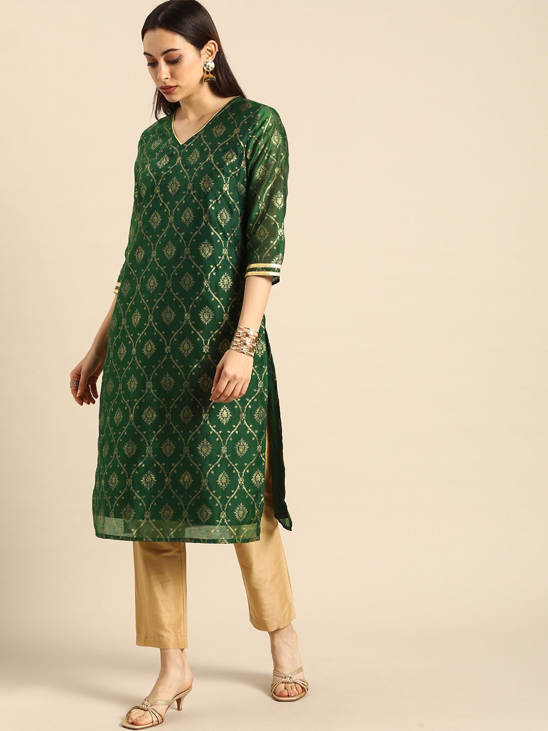 all about you Women Green & Gold-Toned Woven Design Straight Kurta Price in India