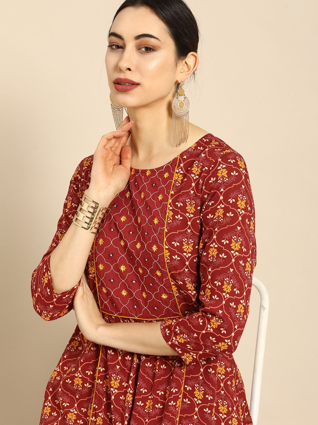 all about you Women Red Ethnic Motifs Printed A-Line Kurta with Embroidered Detail Price in India