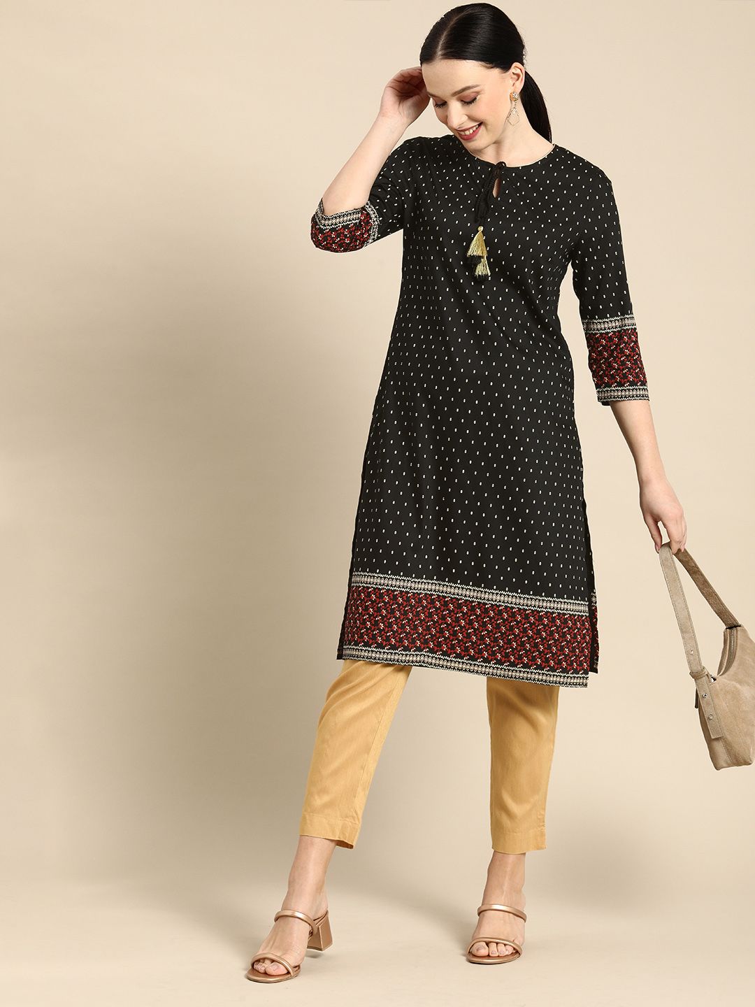 all about you Women Black Ethnic Motifs Printed Keyhole Neck Kurta Price in India