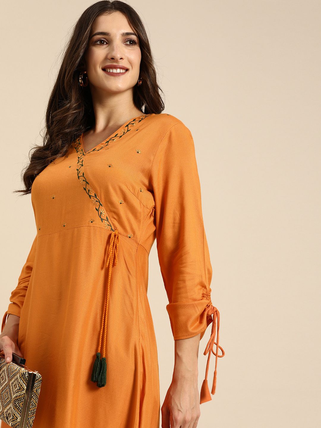 all about you Women Rust Orange Floral Yoke Design V-Neck Fit And Flare Angrakha Kurta Price in India