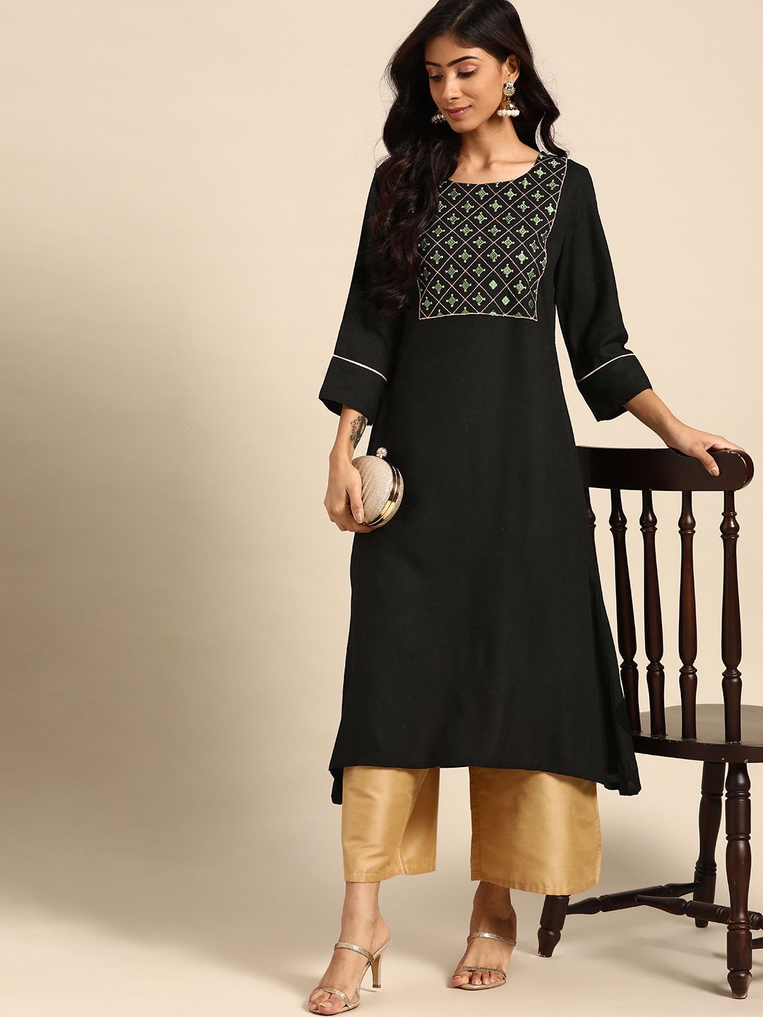 all about you Women Black Embroidered Kurta Price in India