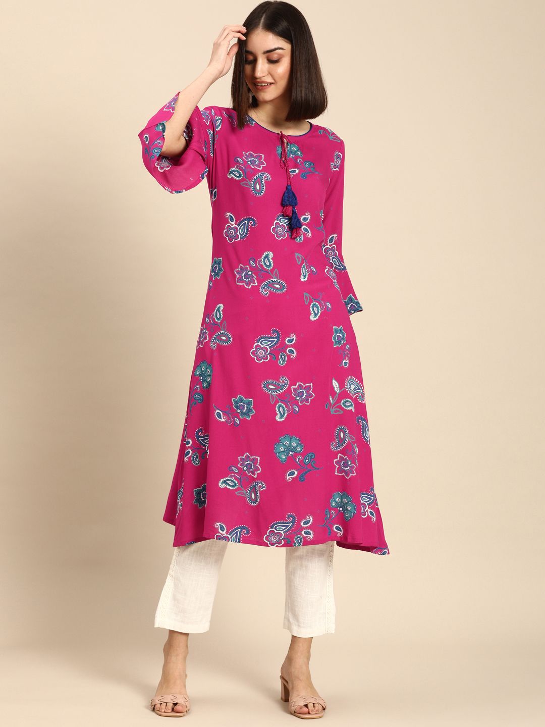 all about you Women Pink Ethnic Motifs Printed Flared Sleeves Kurta Price in India
