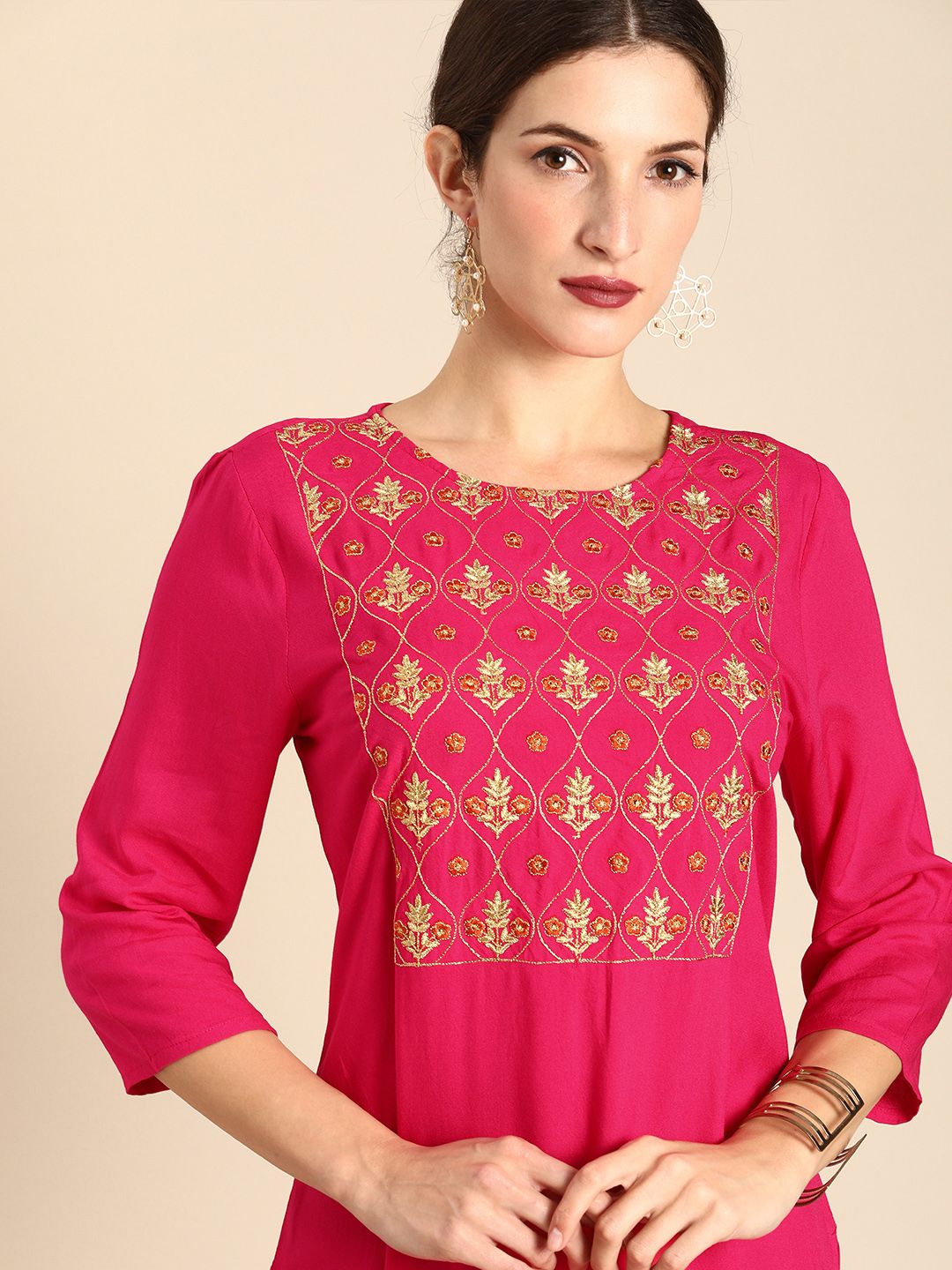 all about you Women Pink & Gold-Toned Embroidered Floral Yoke Design Thread Kurta