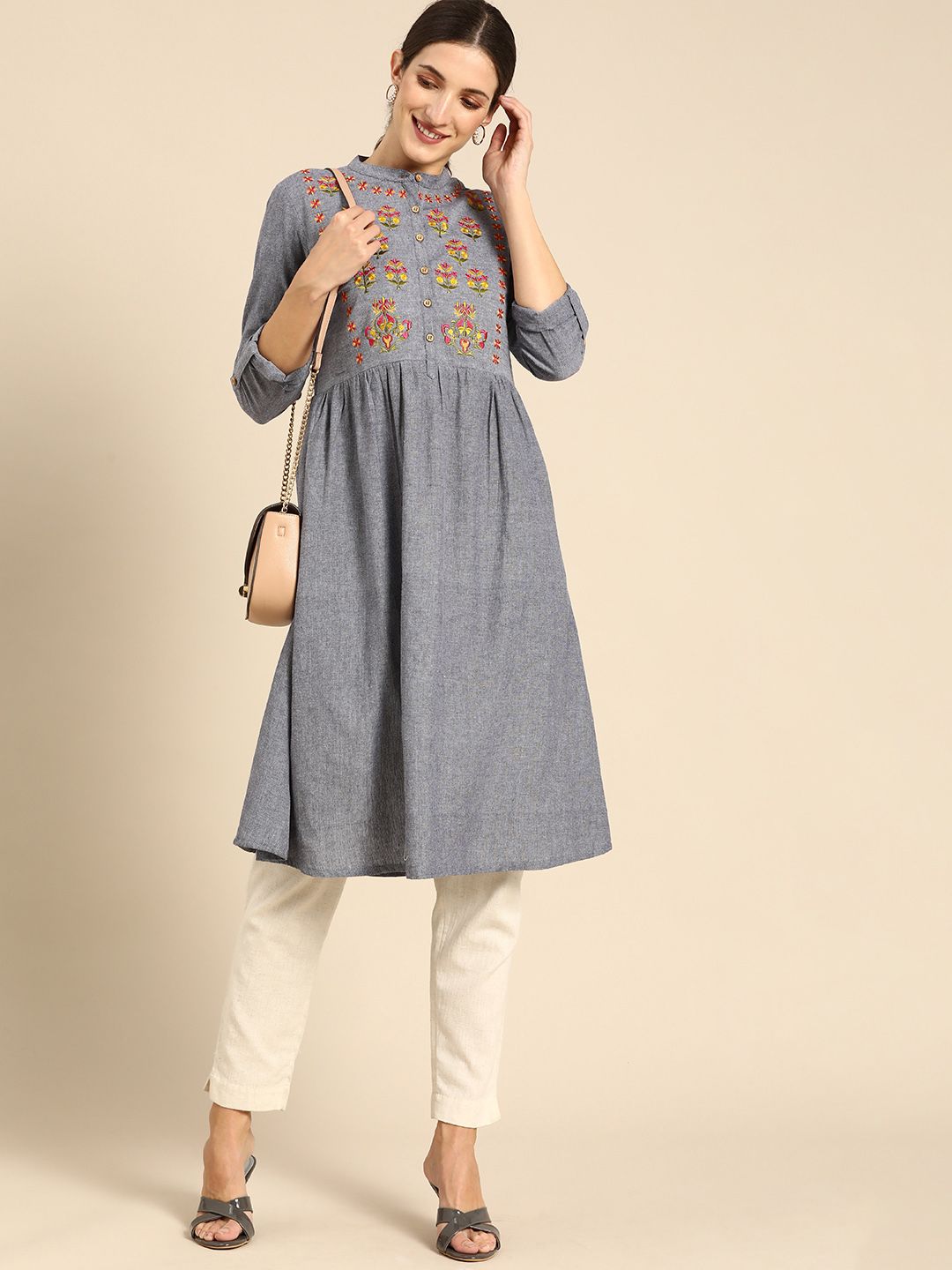 all about you Women Grey Floral Embroidered Floral Kurta Price in India