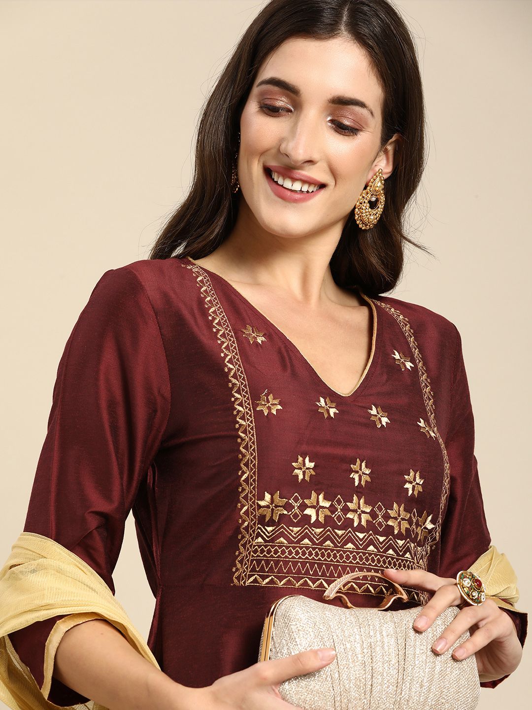 all about you Women Maroon Floral Yoke Design V-Neck Anarkali Kurta Price in India