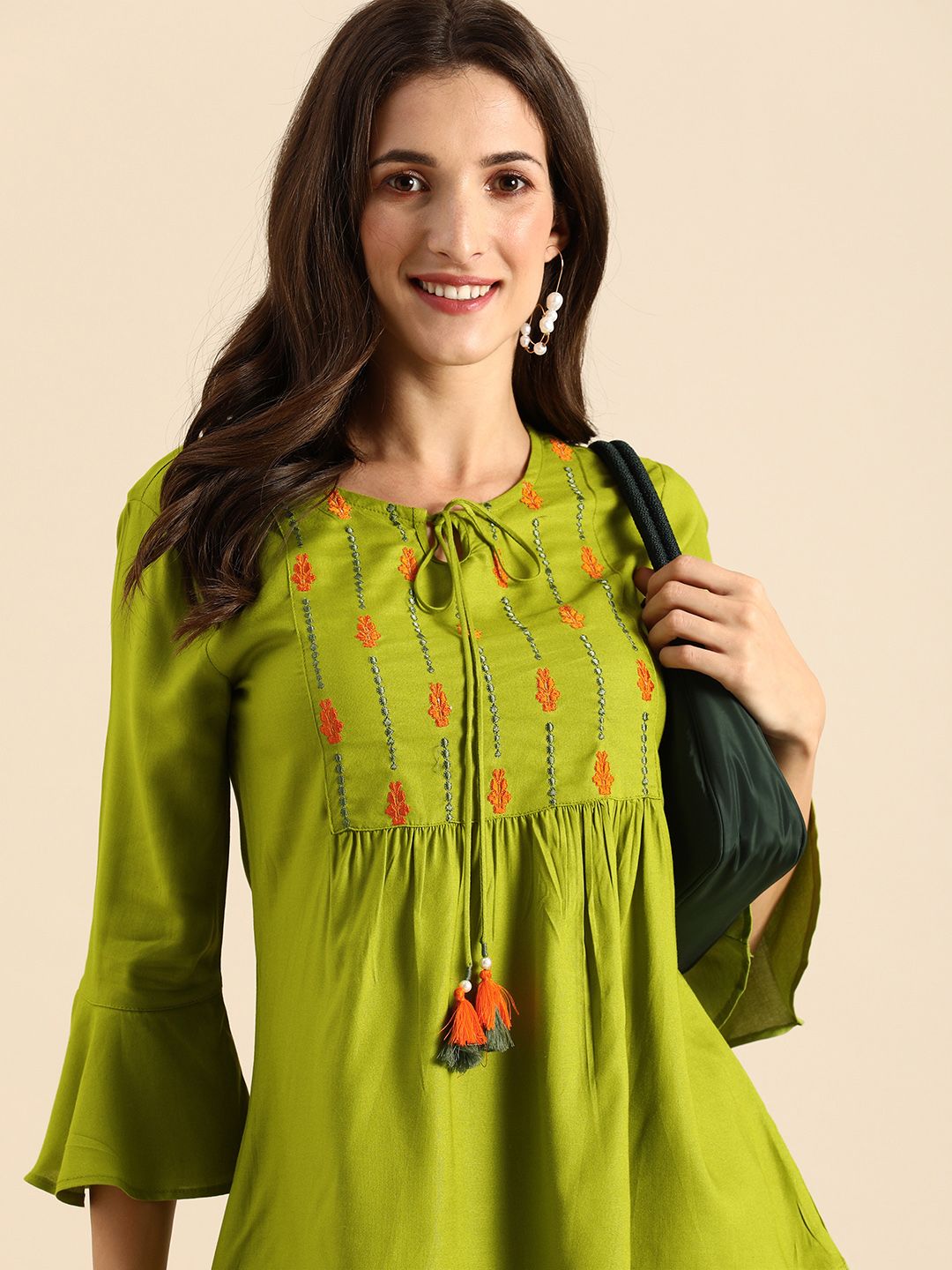 all about you Green Ethnic Motifs Embellished Thread Work Empire Styled Kurti Price in India