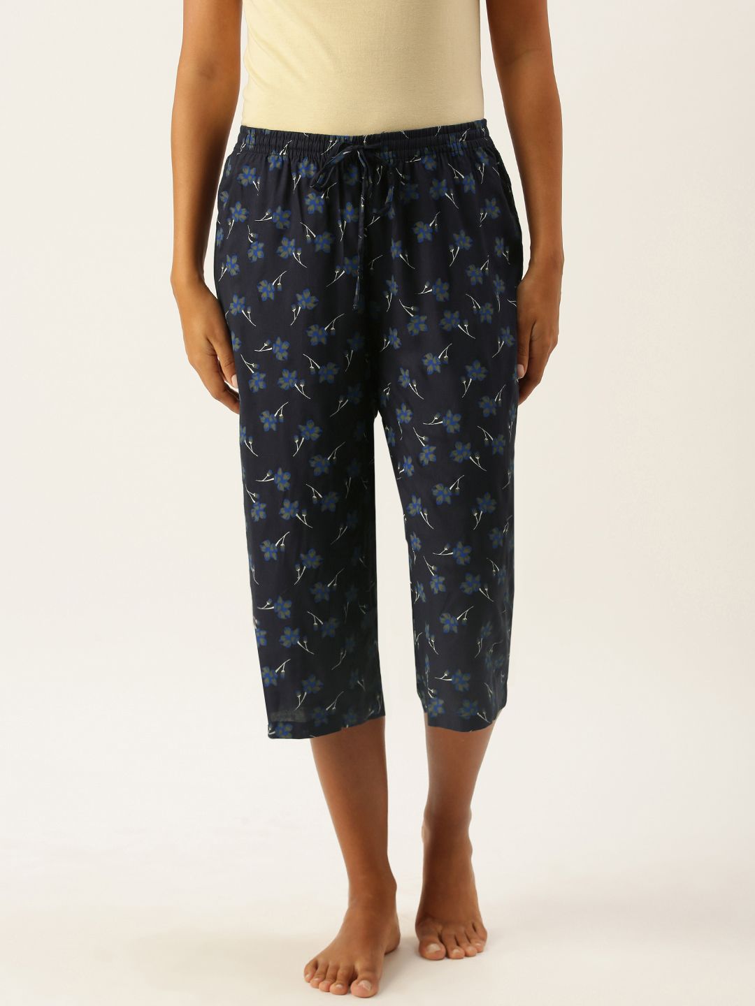 ETC Women Navy Blue Floral Printed Lounge Capris Price in India