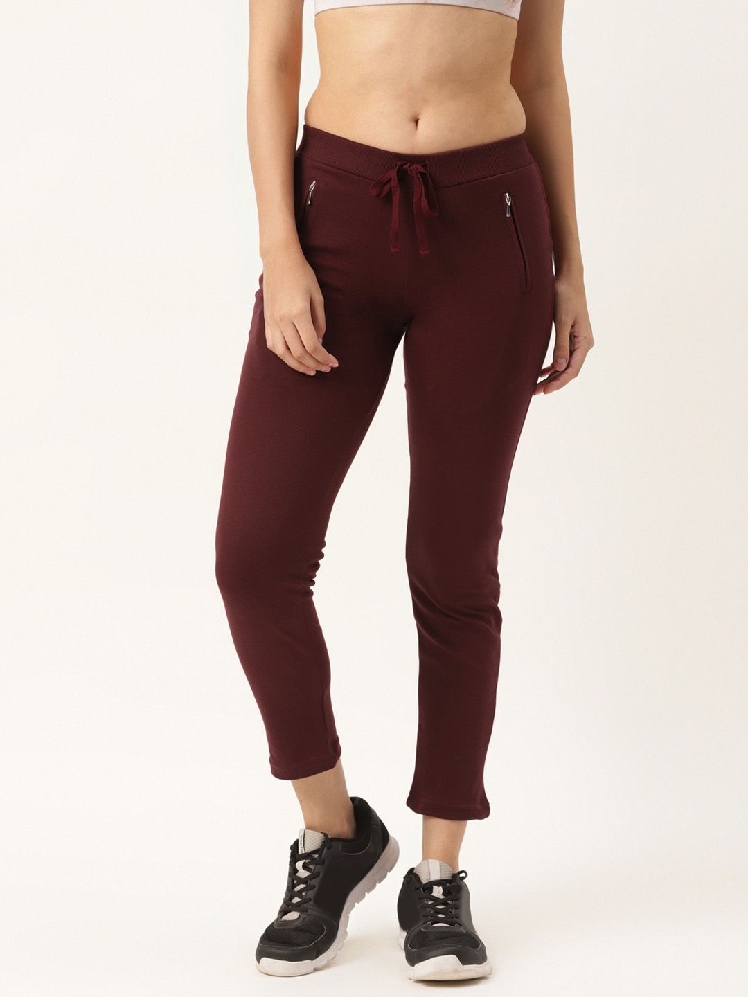 FEMEA Women Maroon Solid Slim Fit Cotton Cropped Track Pants Price in India