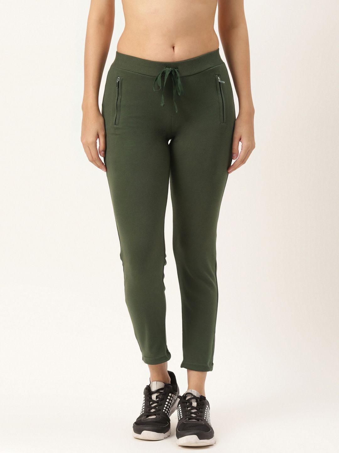 Women Olive Green Solid Slim Fit Cotton Cropped Track Pants Price in India