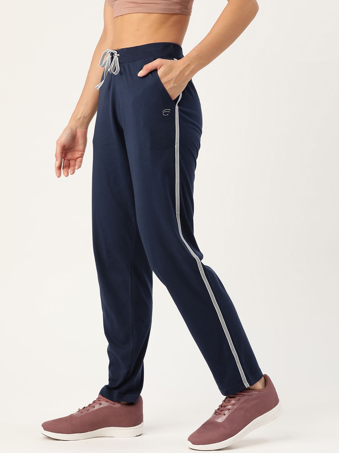 FEMEA Women Navy Blue Solid Straight-Fit Track Pants Price in India