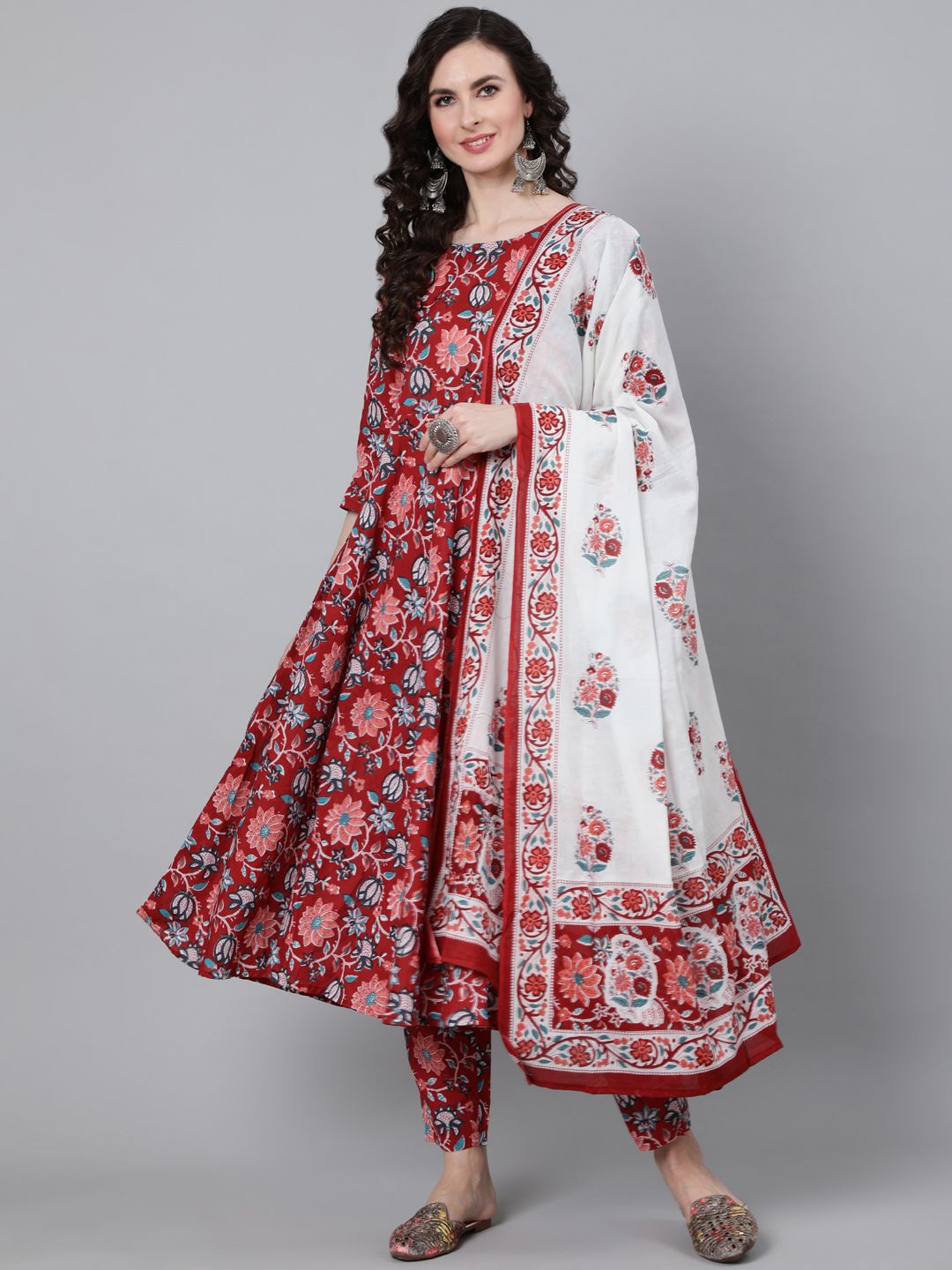 Nayo Women Red Floral Printed Kurta With Trouser & Dupatta Price in India