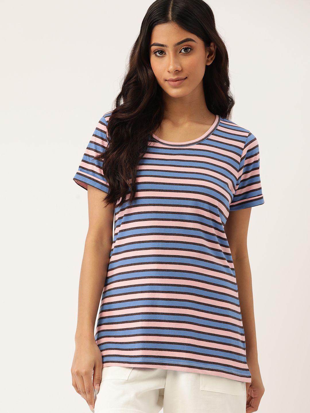 ETC Women Pink & Blue Striped Lounge T-shirt Price in India