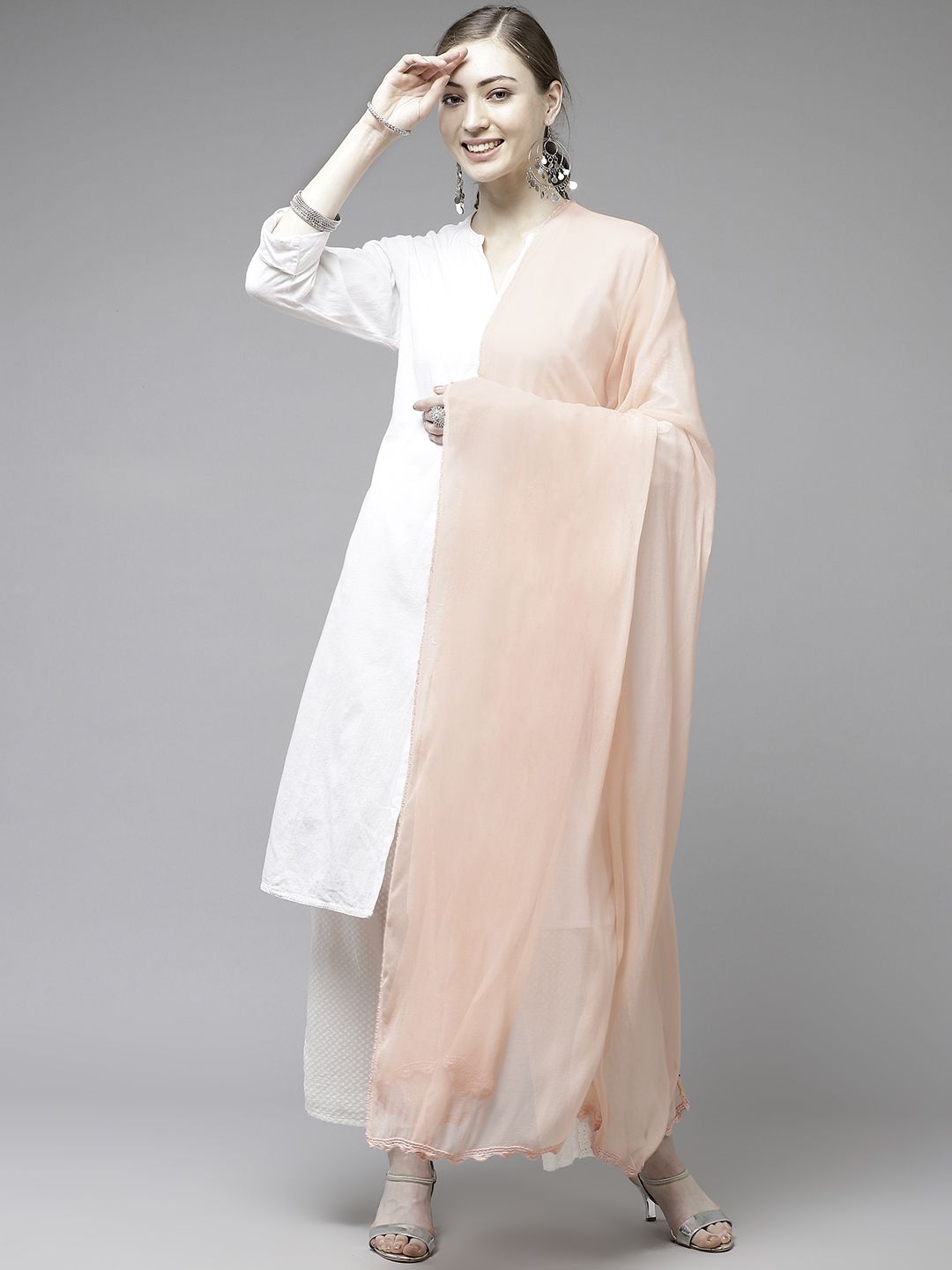 ADA Peach-Coloured Solid Sustainable Dupatta with Hand Embroidered Border Price in India