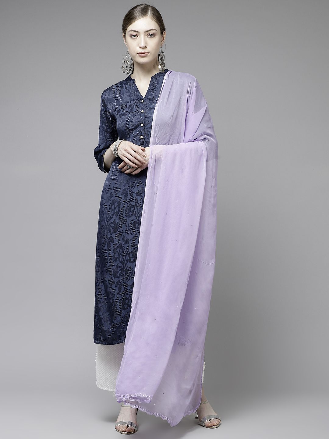 ADA Lavender Mukaish Work Sustainable Dupatta with Hand Embroidered Border Price in India