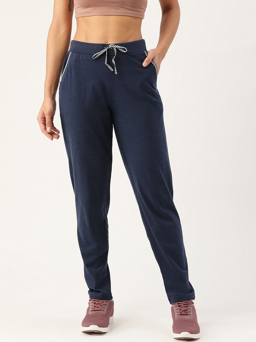 FEMEA Women Navy Blue Solid Cotton Rich Straight-Fit Track Pants Price in India