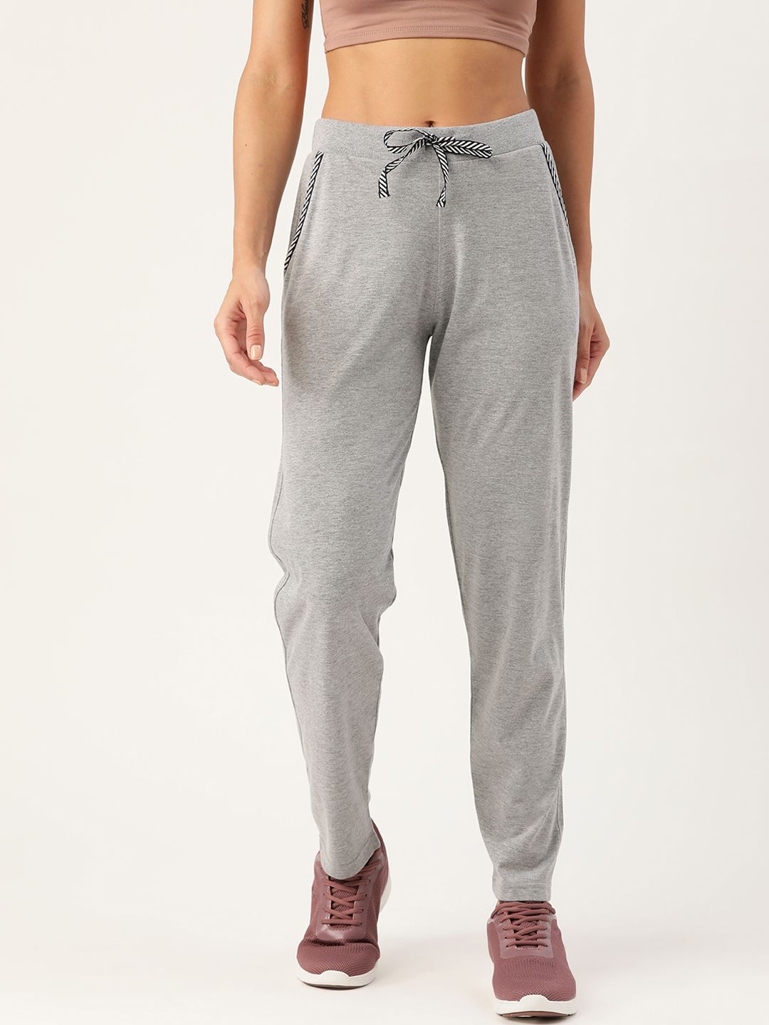 FEMEA Women Grey Melange Knit Cotton Rich Straight-Fit Track Pants Price in India