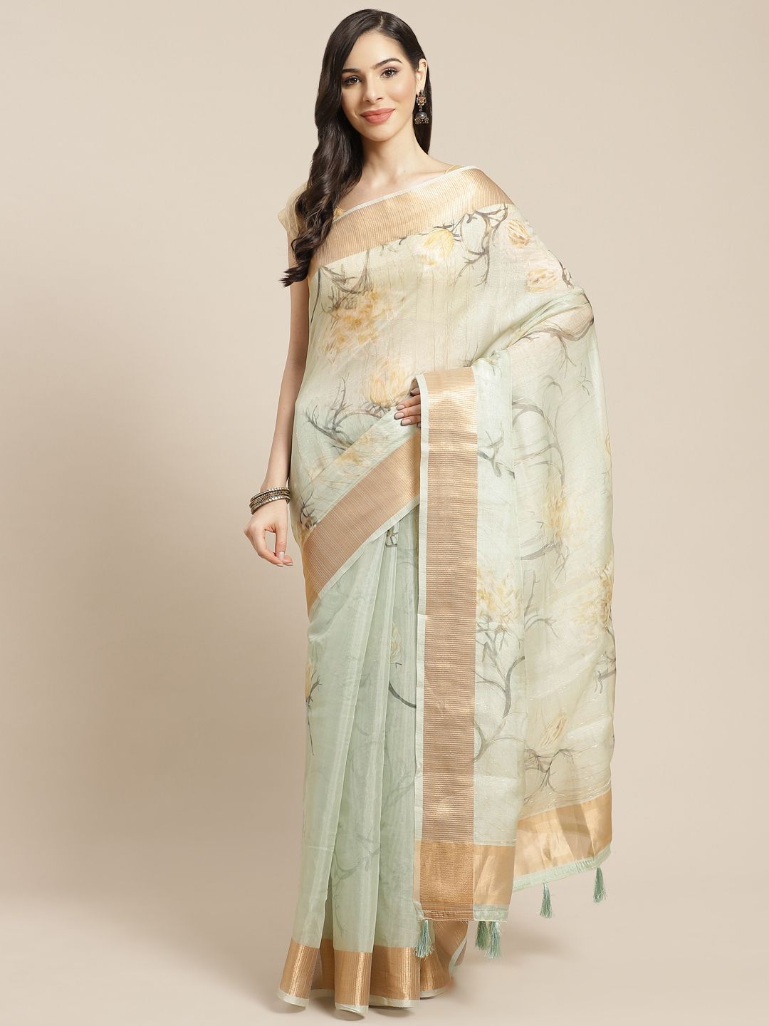 Mitera Green & Golden Floral Organza Saree Price in India