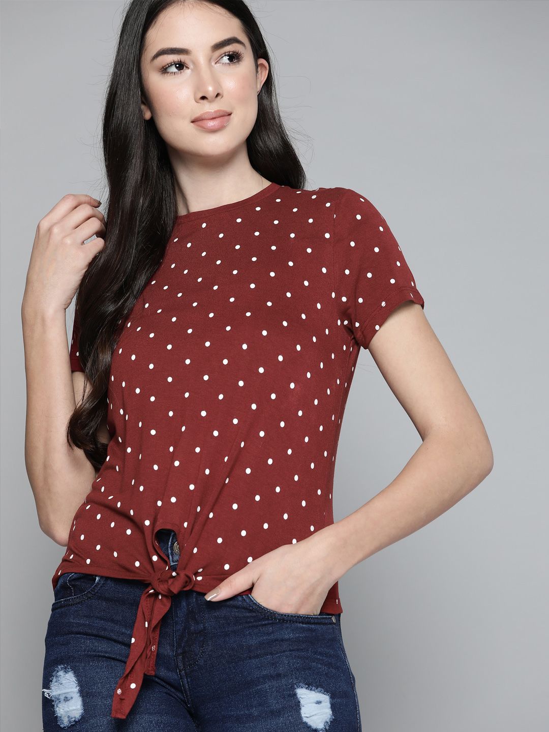 Harvard Women Maroon & White Pure Cotton Polka Dot Printed Tie-Up Top