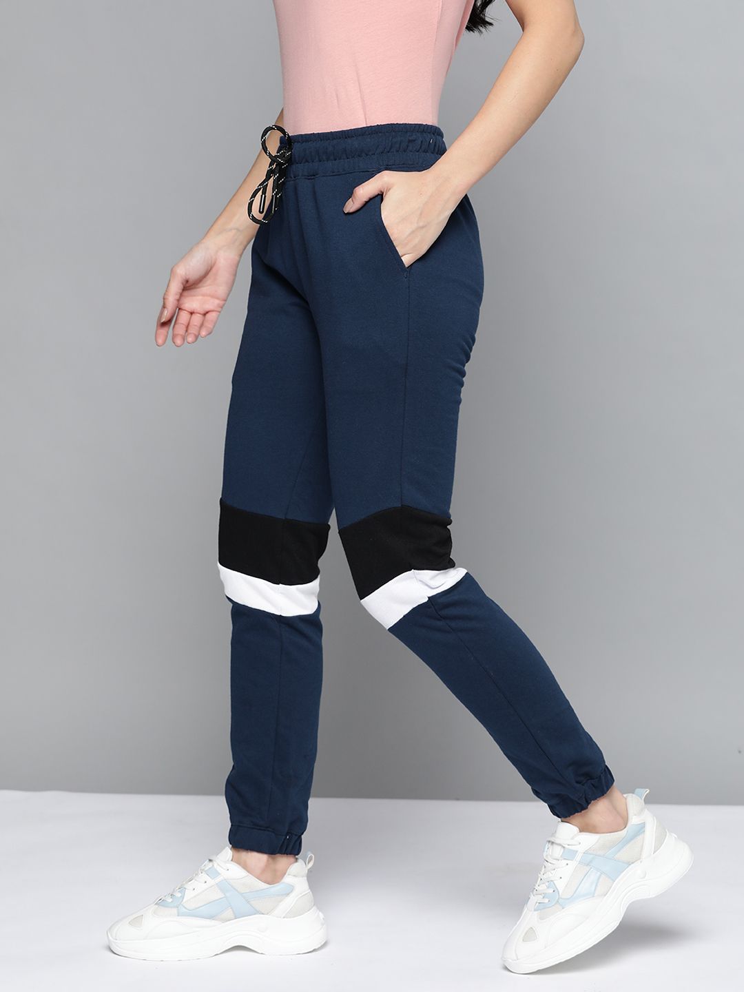 Harvard Women Navy Blue & Black Solid Joggers with Colourblocked Detail Price in India