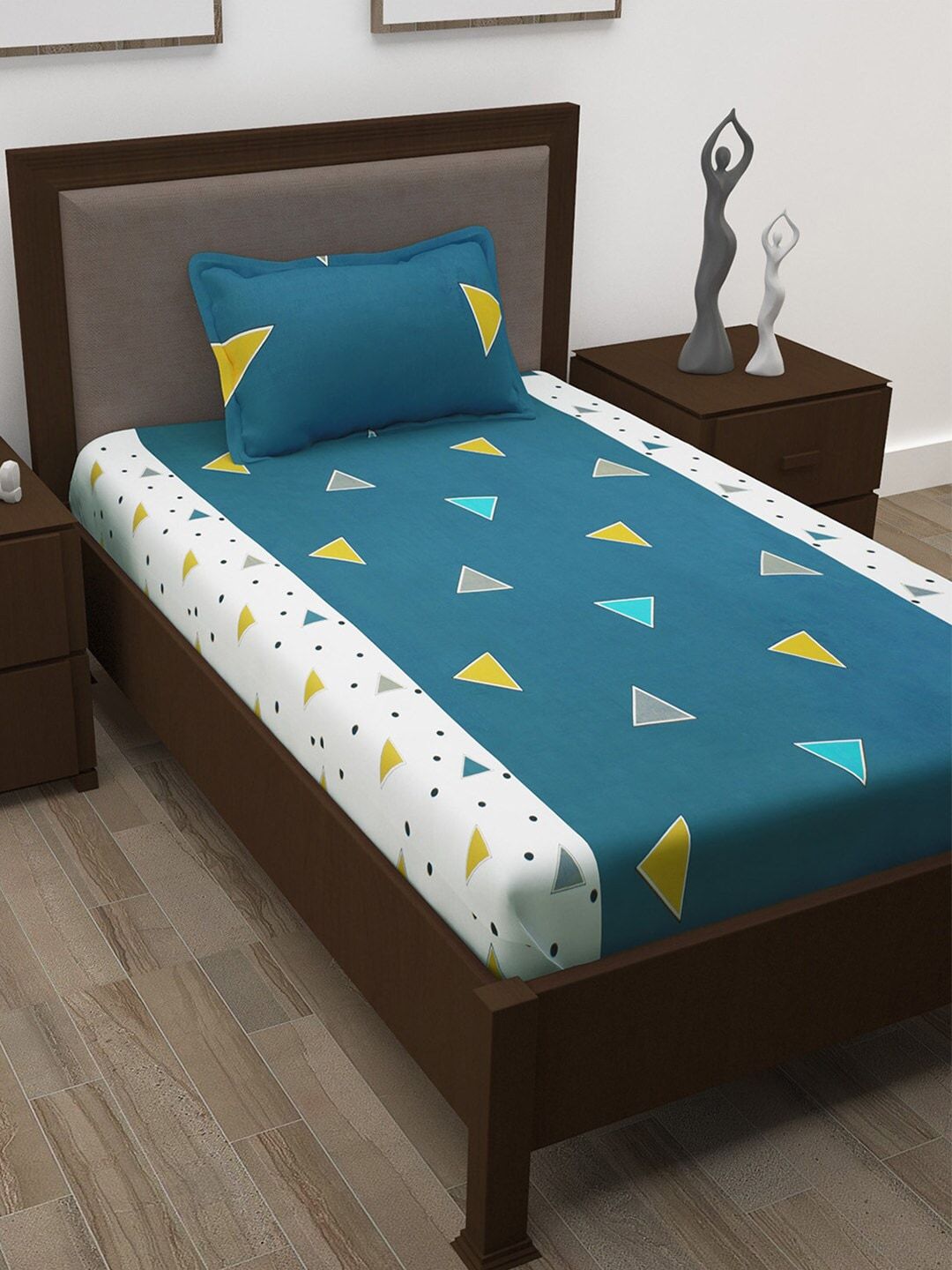 Story@home Teal Blue & White Geometric 186 TC Single Bedsheet with 1 Pillow Covers Price in India