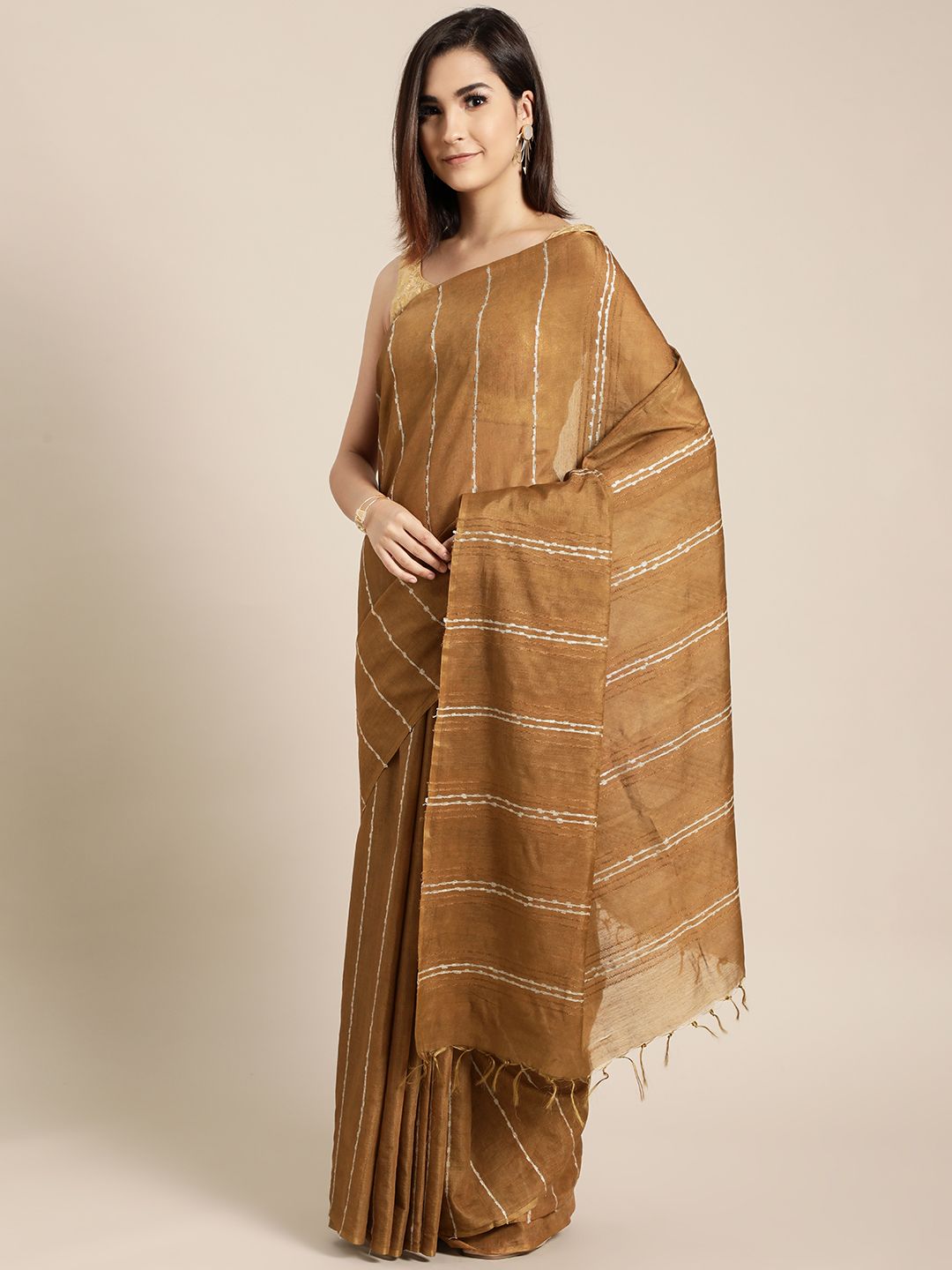 swatika Mustard Brown & White Handloom Striped Art Silk Muga Saree