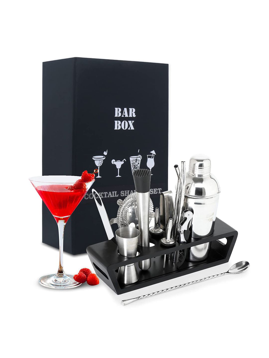 BAR BOX Silver-Toned & Black Solid Stainless Steel Bar Tool Set Price in India