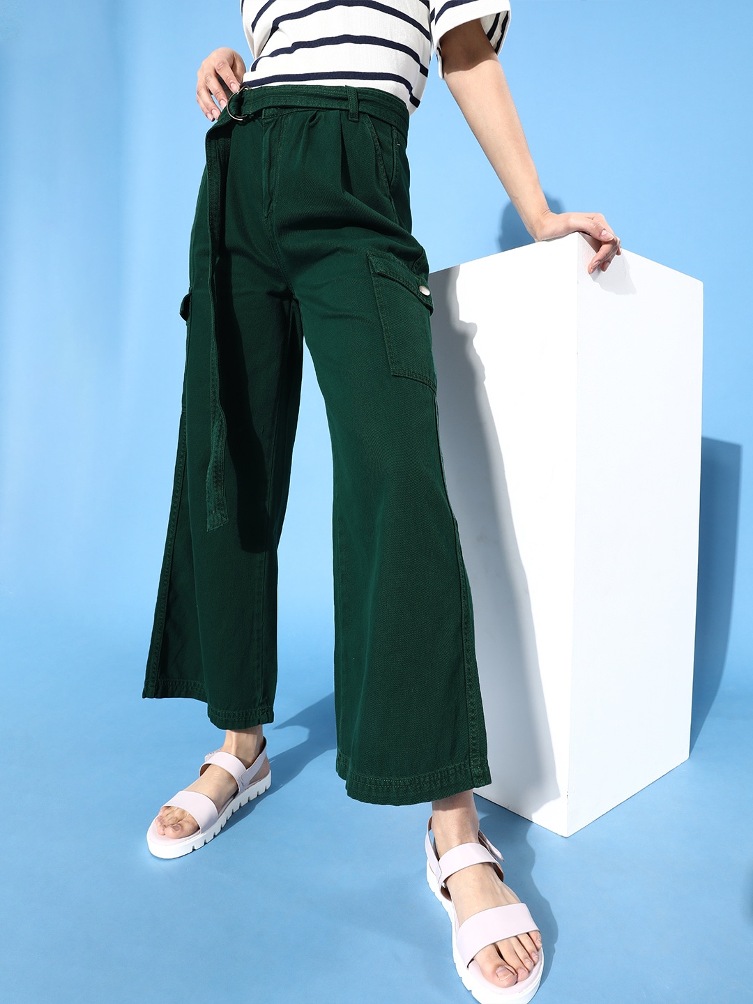 DressBerry Women Gorgeous Green Solid Graduated Flare Trousers Price in India