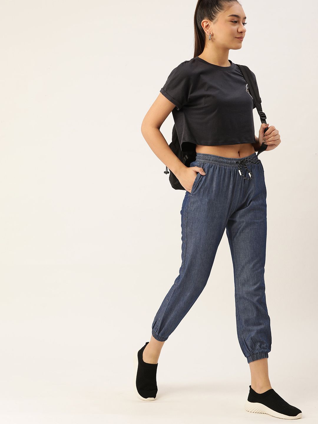 DressBerry Women Navy Solid Chambray Cropped Joggers Price in India
