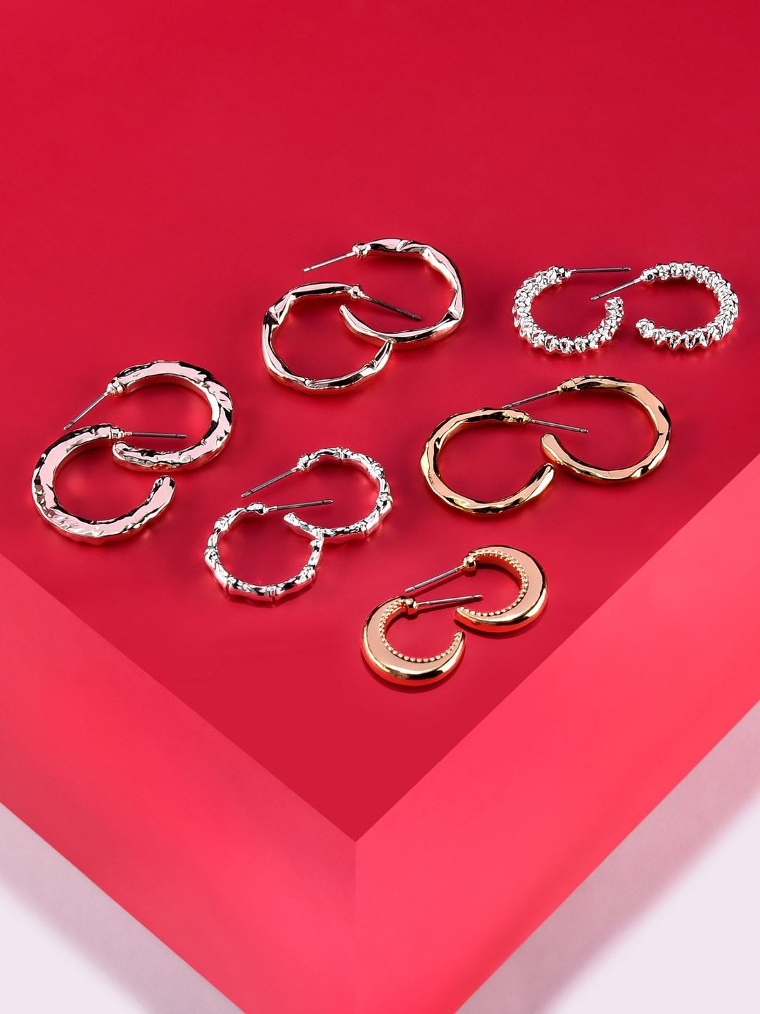 AMI Set of 6 Rose Gold-Plated & Silver-Toned Half Hoop Earrings Price in India