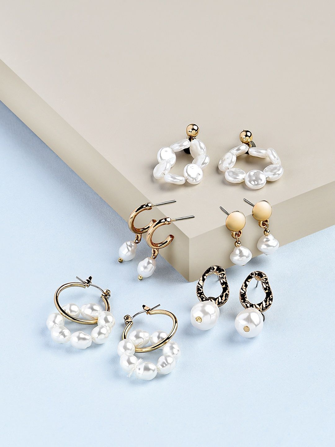 AMI Set Of 5 Gold-Toned & White Classic Drop & Hoop Earrings Price in India