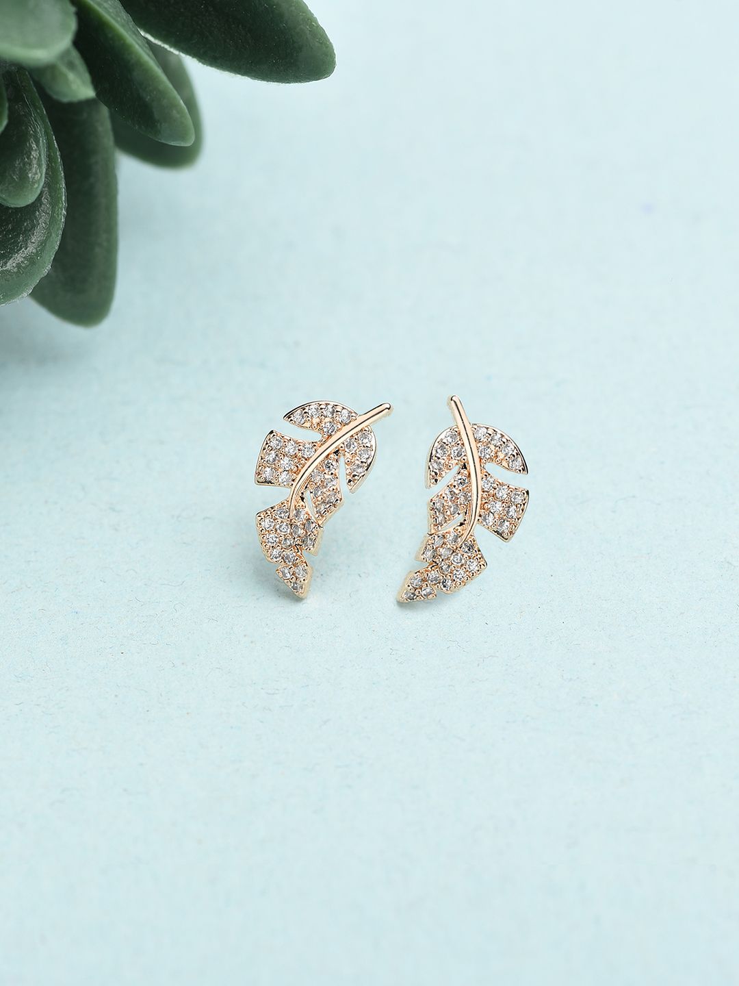 AMI Rose Gold Cubic Zirconia  Leaf Shaped Studs Earrings Price in India