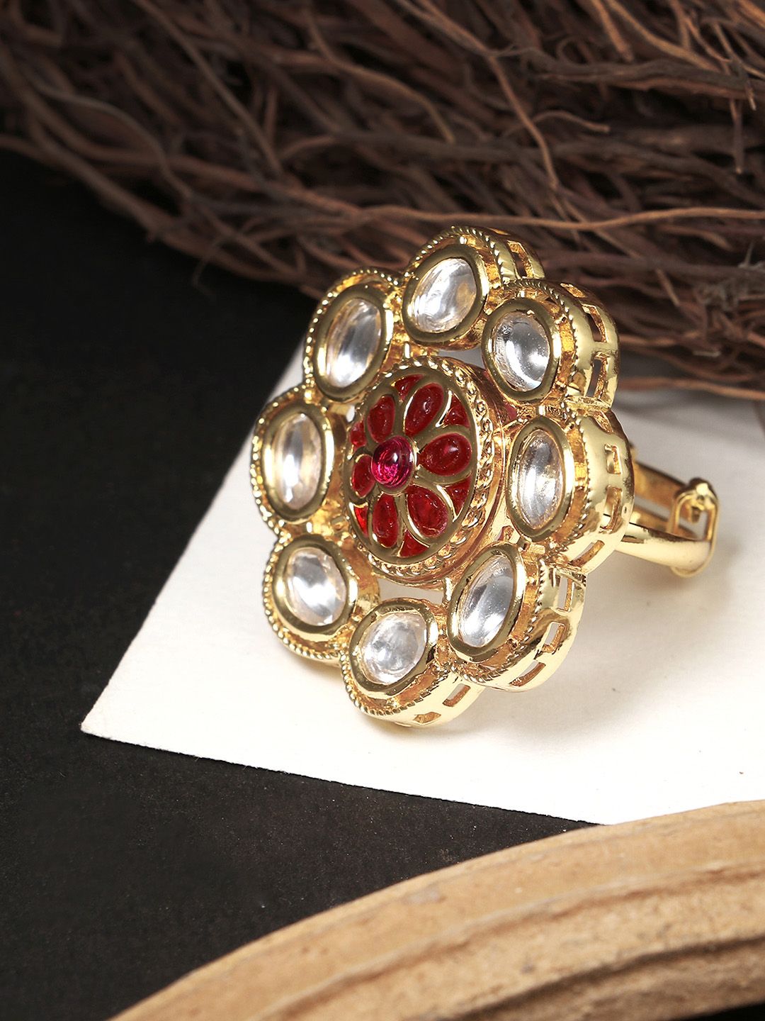 Adwitiya Collection Gold-Plated Maroon & White Kundan-Studded Adjustable Finger Ring Price in India