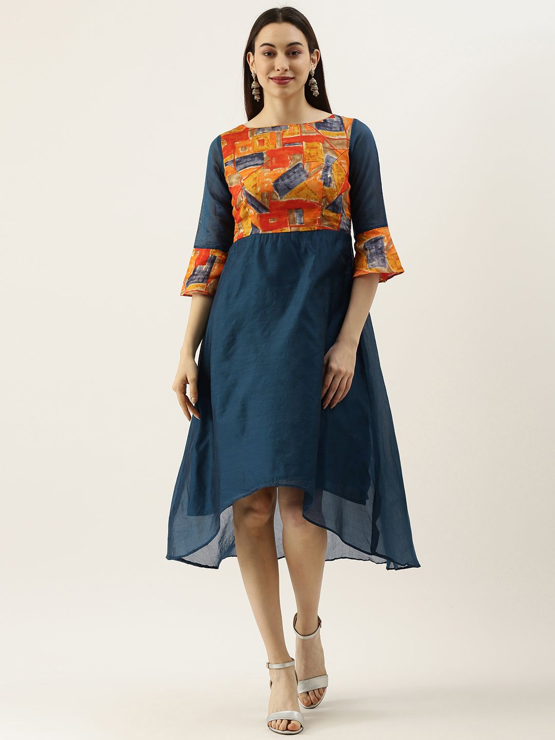 EthnoVogue Women Blue & Orange Printed Made To Measure A-Line Dress Price in India
