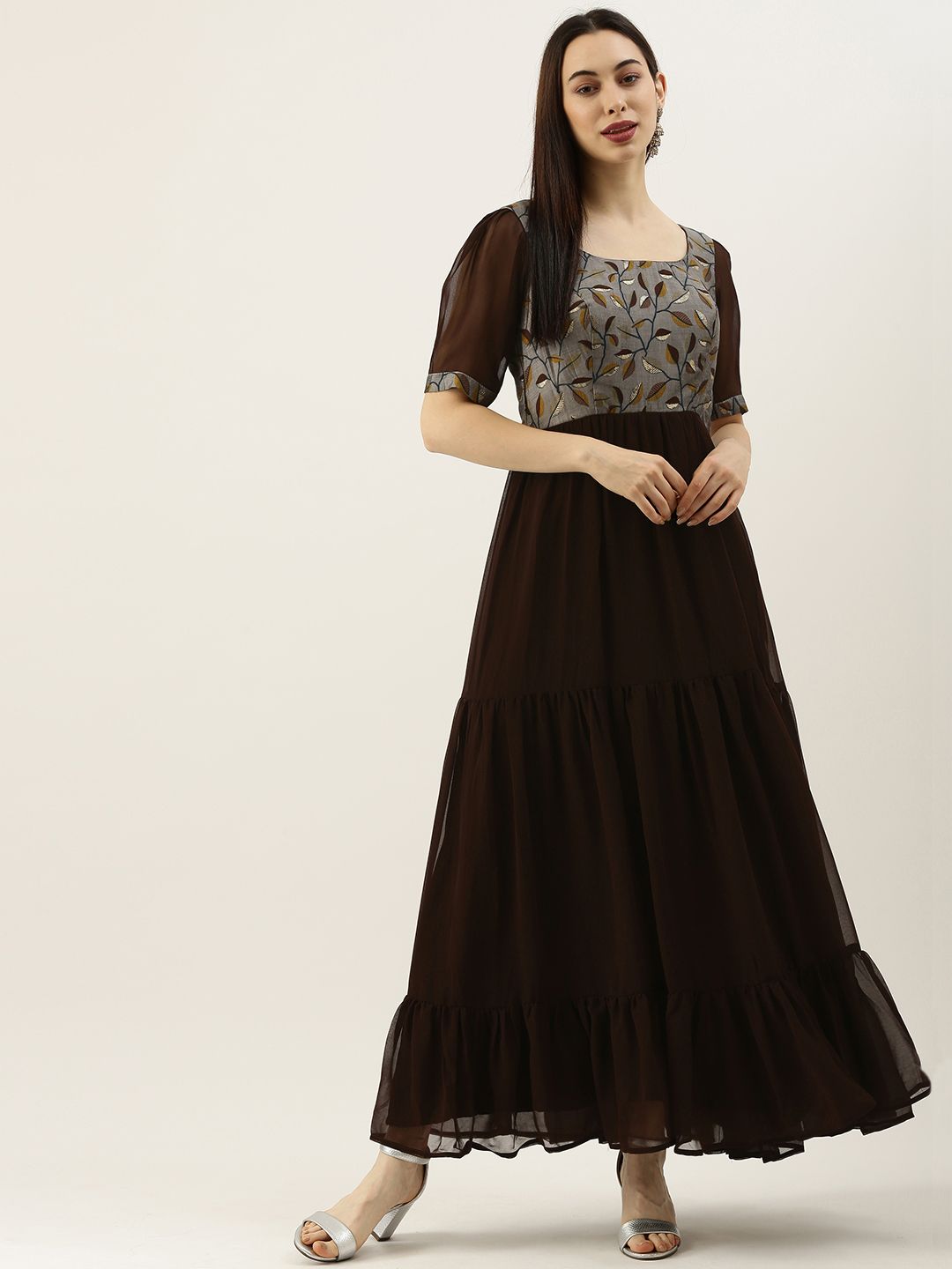 EthnoVogue Brown Leaf Print Made To Measure Maxi Tiered Dress Price in India