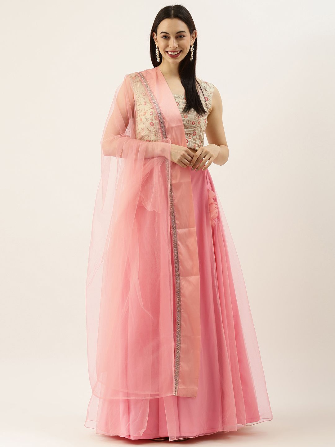 EthnoVogue Peach-Coloured & Green Embroidered Sequinned Made to Measure Lehenga & Blouse With Dupatta