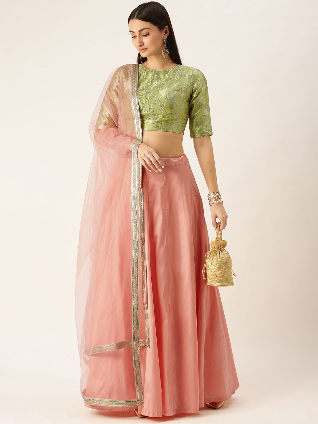 EthnoVogue Green & Peach-Coloured Made to Measure Lehenga & Blouse With Dupatta Price in India