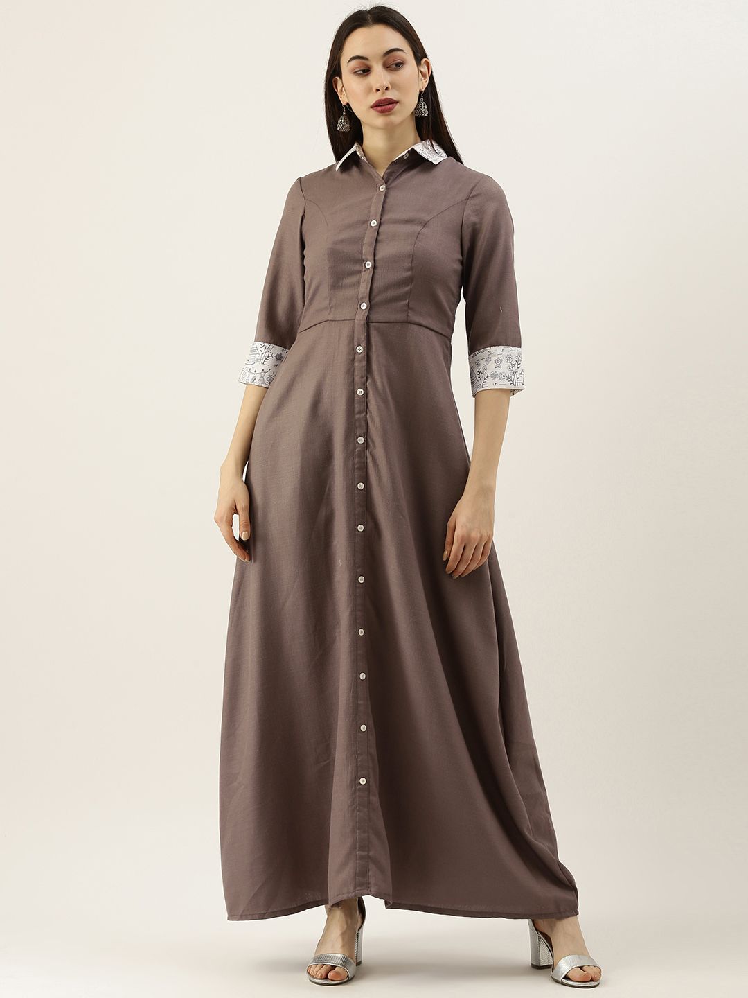 EthnoVogue Women Brown Solid Made To Measure Shirt Maxi Dress Price in India