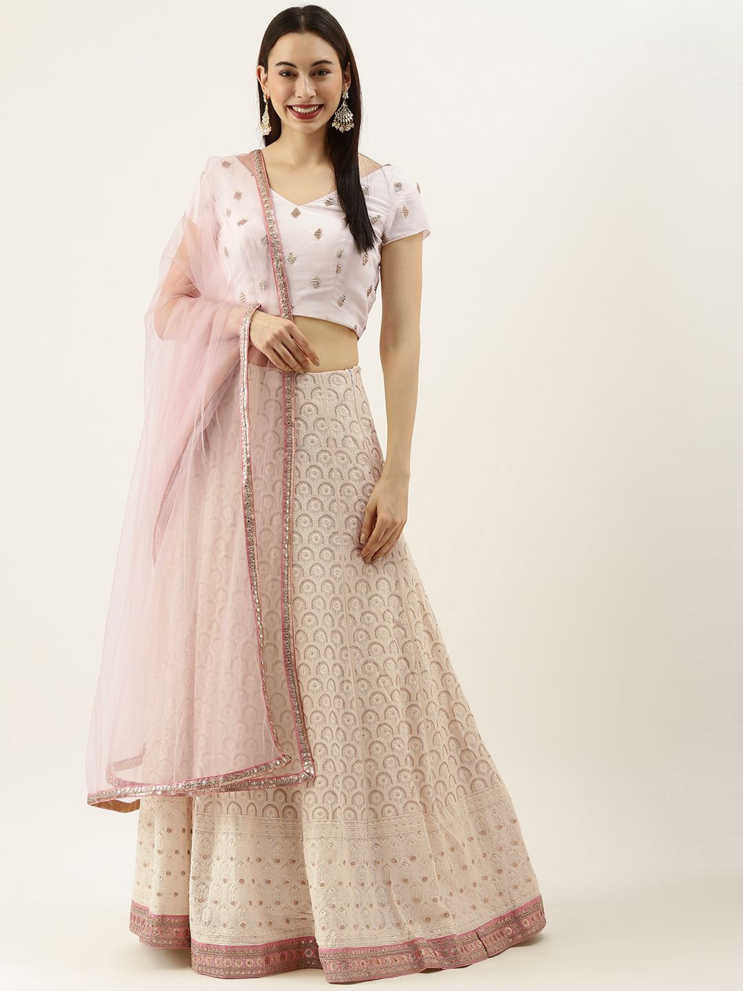 EthnoVogue Pink & Off White Embroidered Thread Work Made to Measure Lehenga & Blouse With Dupatta Price in India