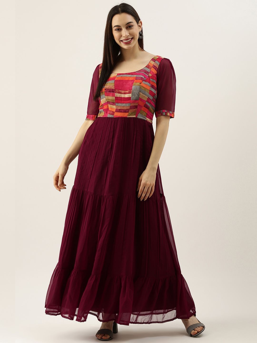 EthnoVogue Burgundy Geometric Print Made To Measure Maxi Tiered Dress Price in India