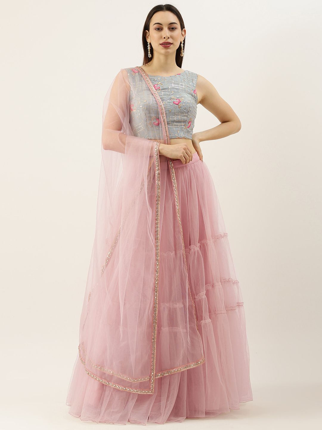 EthnoVogue Pink & Blue Embroidered Sequinned Made to Measure Lehenga & Blouse With Dupatta Price in India