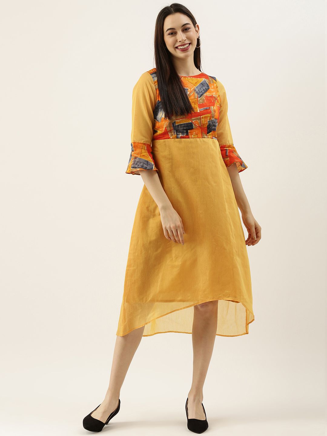EthnoVogue Yellow Geometric Print Made To Measure A-Line Midi Dress Price in India