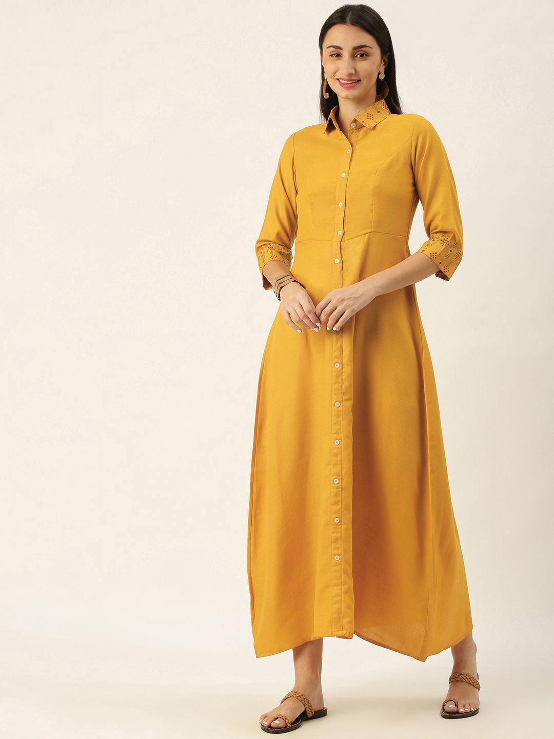 EthnoVogue Mustard Yellow Solid Ethnic Made To Measure Maxi Shirt Dress Price in India