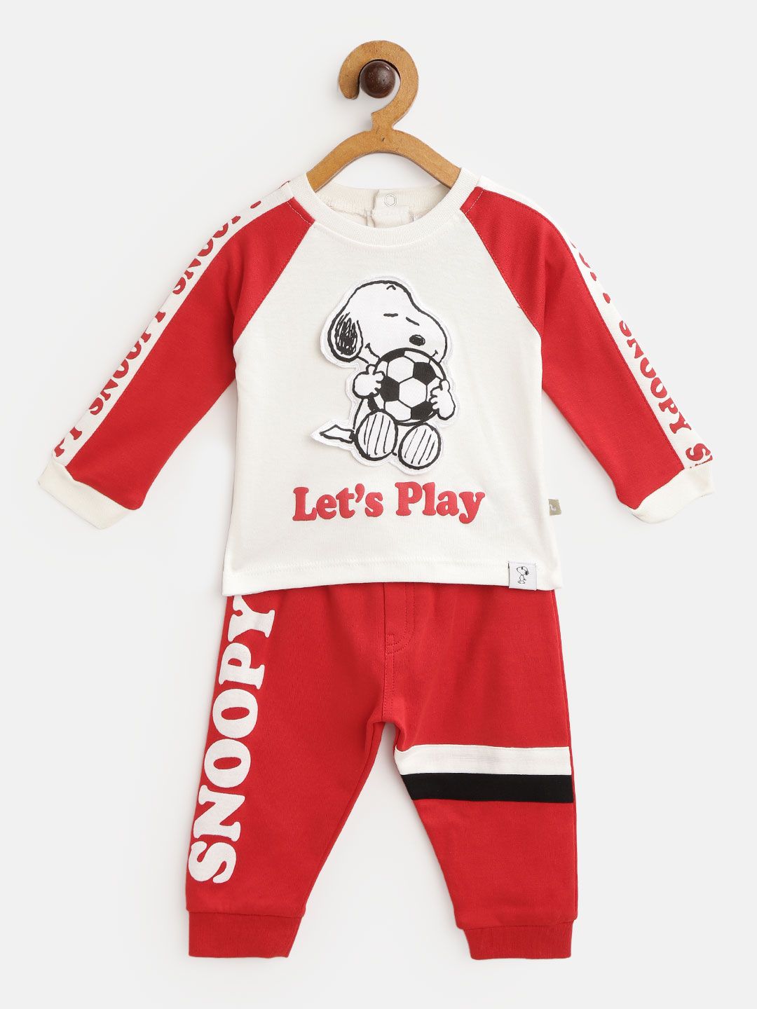 Moms Love Infant Boys White & Red Typography & Snoopy Print Pure Cotton T-shirt & Joggers