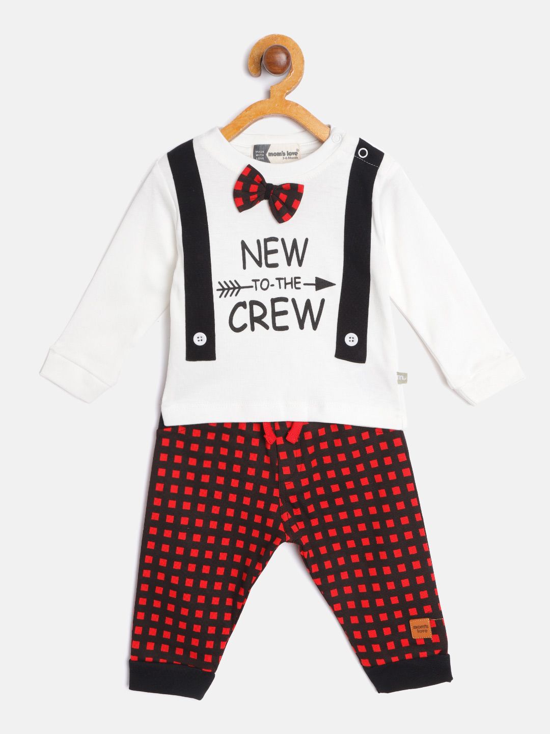 Moms Love Infant Boys White Pure Cotton Printed T-shirt with Checked Joggers