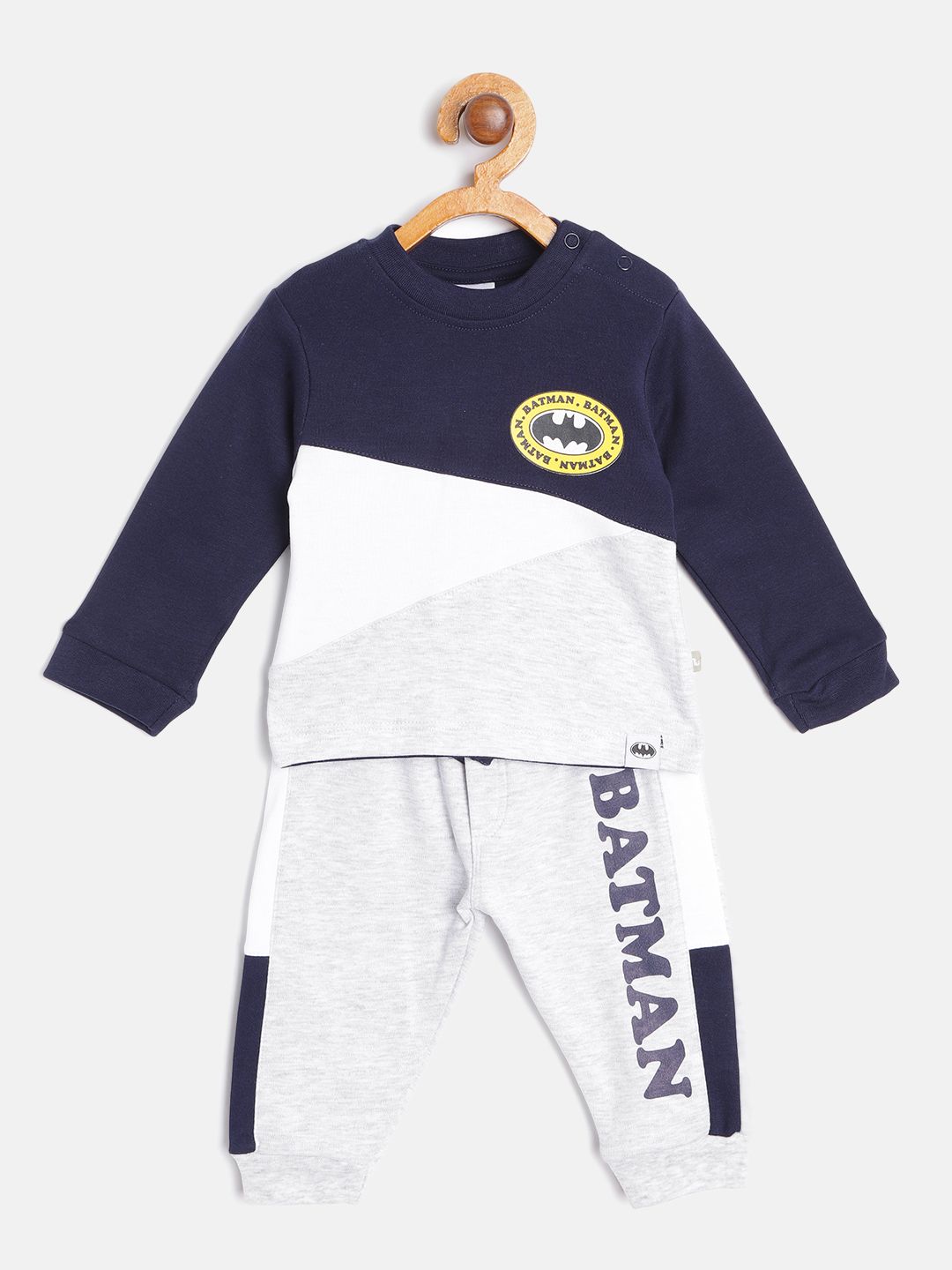 Moms Love Infant Boys Navy Blue & Grey Melange Cotton Colourblocked T-shirt with Joggers